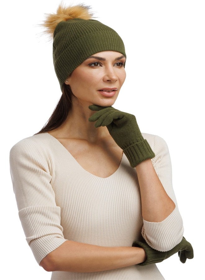 Fishers Finery Women's Cashmere Pom Hat and Glove Set; Gift Box (Olive) - Image 1