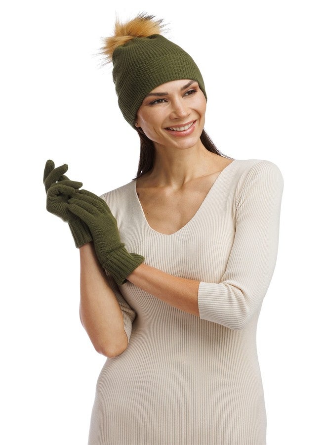 Fishers Finery Women's Cashmere Pom Hat and Glove Set; Gift Box (Olive) - Image 2