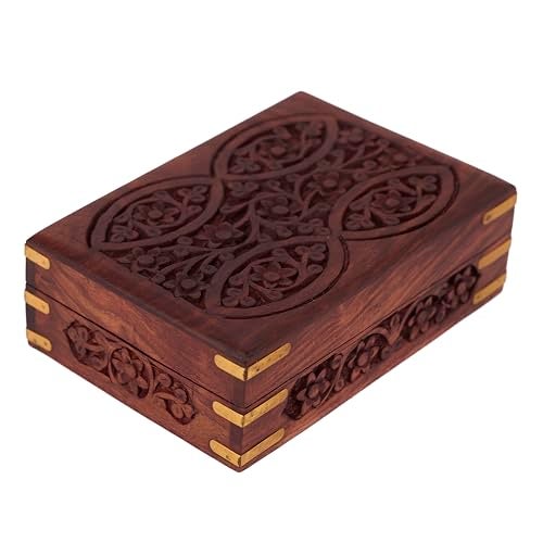 GURU JEE Ornate Hand Carved Wooden Tarot Card Trinket Box With Brass Corners, 17.8 X 12.7 6.4 Cm, Cm - Image 2