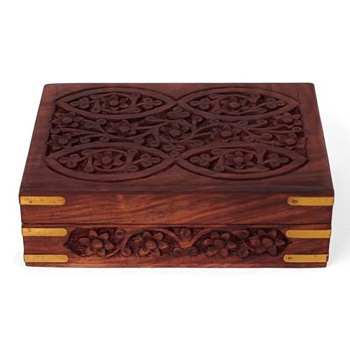GURU JEE Ornate Hand Carved Wooden Tarot Card Trinket Box With Brass Corners, 17.8 X 12.7 6.4 Cm, Cm - Image 1