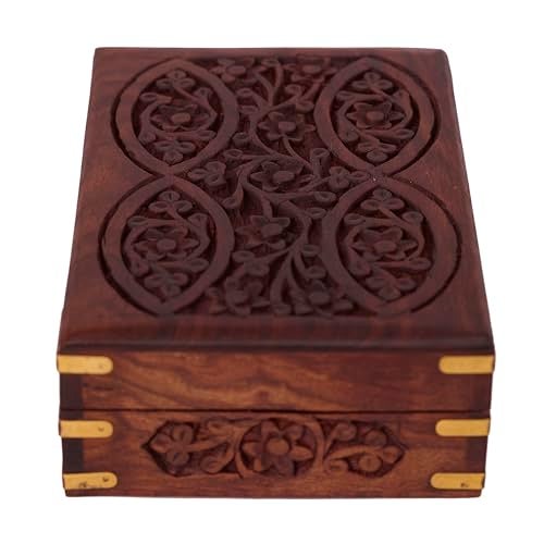 GURU JEE Ornate Hand Carved Wooden Tarot Card Trinket Box With Brass Corners, 17.8 X 12.7 6.4 Cm, Cm - Image 3