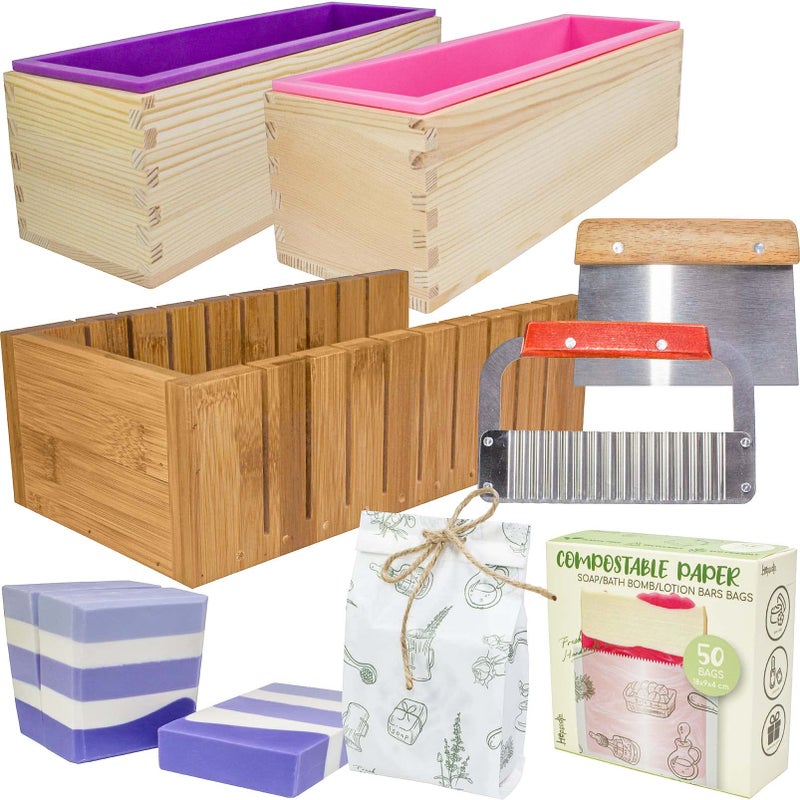 Hepgodin Soap Mold Making Kit with Wooden Cutter Soap Molds Silicone 46oz Purple  Melt and Pour or Cold Process 50pc Soap Packaging Paper Bags and Slicer  Gift for Wife Women Housewife Soaper 