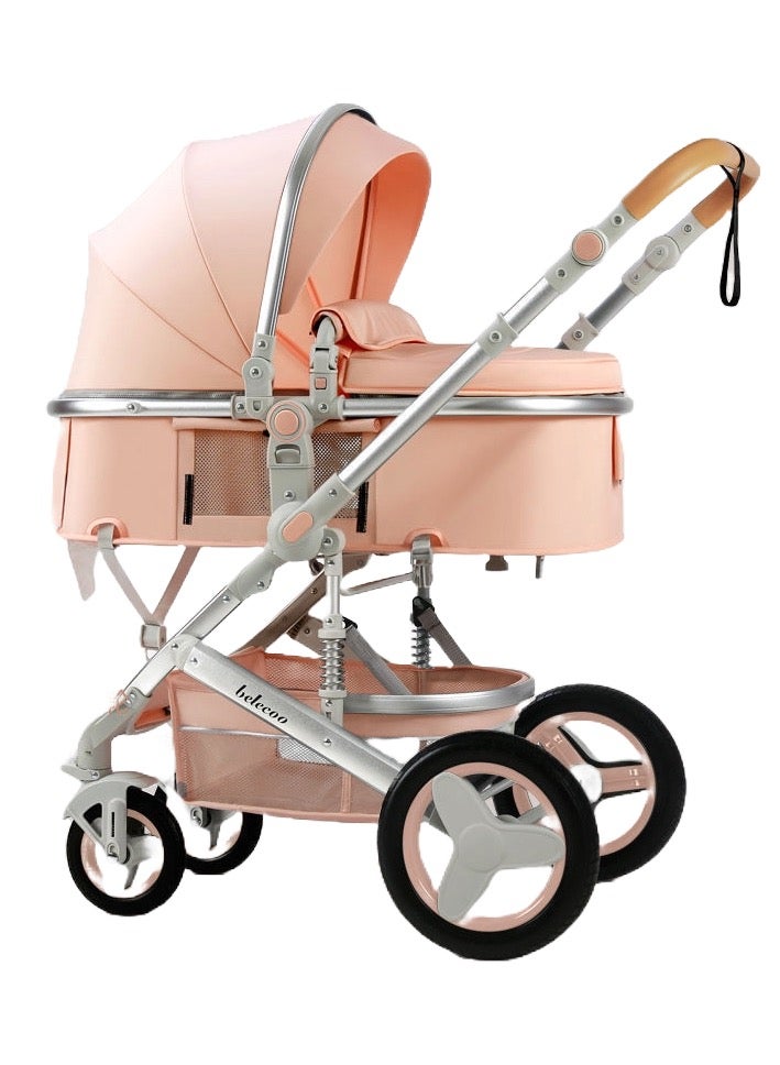 بيليكو عربة أطفال من Belecoo بزاوية رؤية عالية، مزودة بذراعَي دفع مزدوجين، يمكن استخدامها للجلوس والاستلقاء، قابلة للطي، مزودة بعجلات مطاطية رباعية بامتصاص قوي للصدمات، مساحة كبيرة، متينة ومناسبة للأطفال من عمر 0 إلى 3 سنوات – لون وردي - Image 1