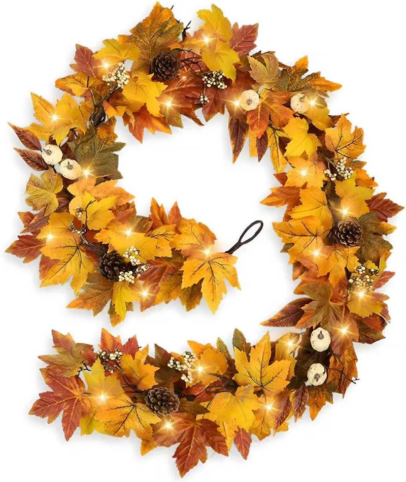 RHTRJ Fall Garland with Lights Outdoor 6FT Autumn Fall Leaves Garland with Pinecones Berries 30 Warm Lights Thanksgiving Christmas Fall Decorations for Home Table Farmhouse Porch Fireplace (Fall Orange) - Image 1