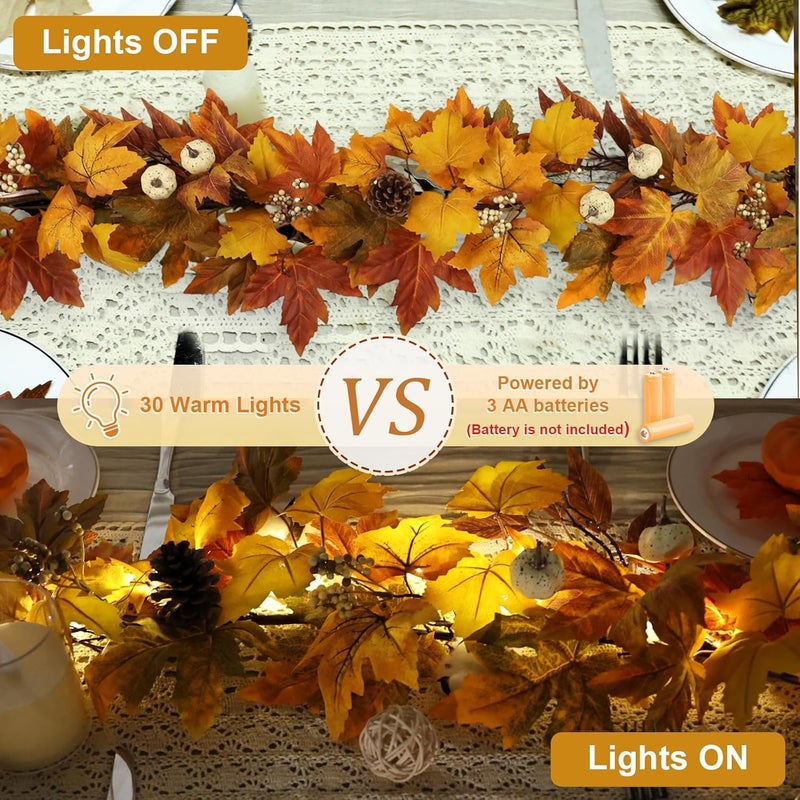 RHTRJ Fall Garland with Lights Outdoor 6FT Autumn Fall Leaves Garland with Pinecones Berries 30 Warm Lights Thanksgiving Christmas Fall Decorations for Home Table Farmhouse Porch Fireplace (Fall Orange) - Image 3