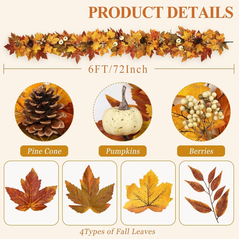 RHTRJ Fall Garland with Lights Outdoor 6FT Autumn Fall Leaves Garland with Pinecones Berries 30 Warm Lights Thanksgiving Christmas Fall Decorations for Home Table Farmhouse Porch Fireplace (Fall Orange) - Image 2