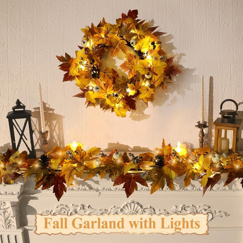 RHTRJ Fall Garland with Lights Outdoor 6FT Autumn Fall Leaves Garland with Pinecones Berries 30 Warm Lights Thanksgiving Christmas Fall Decorations for Home Table Farmhouse Porch Fireplace (Fall Orange) - Image 4