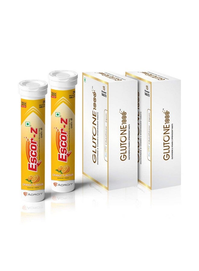 GLUTONE Glutone 1000 & Escor-Z Combo Pack| Setria L-Glutathione, Vitamin C Effervescent Tablets| Healthy Skin| Pack of 15 (2) + 20 (2) Tablets (Orange Flavour) - Image 1