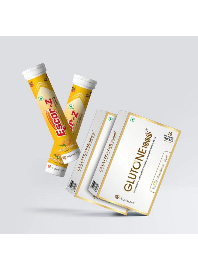 GLUTONE Glutone 1000 & Escor-Z Combo Pack| Setria L-Glutathione, Vitamin C Effervescent Tablets| Healthy Skin| Pack of 15 (2) + 20 (2) Tablets (Orange Flavour) - Image 3