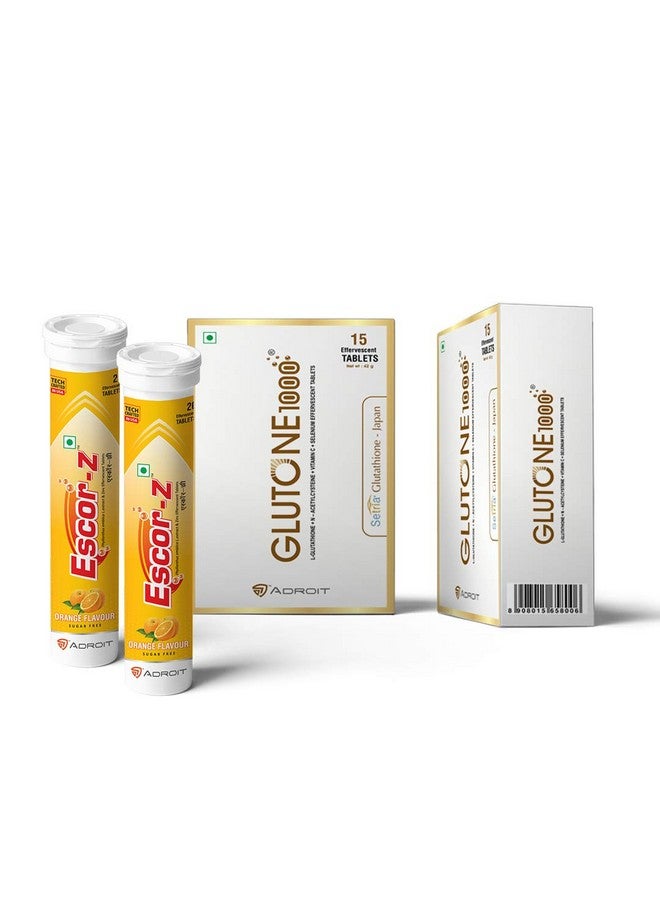 GLUTONE Glutone 1000 & Escor-Z Combo Pack| Setria L-Glutathione, Vitamin C Effervescent Tablets| Healthy Skin| Pack of 15 (2) + 20 (2) Tablets (Orange Flavour) - Image 4