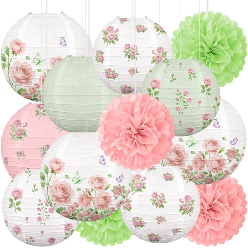 Renbuzhu 13PCS Spring Wildflower Bridal Shower Party Decorations Rose Paper Lanterns Pom Poms Valentines Day Garden Home Indoor Outdoor Decor - Image 1