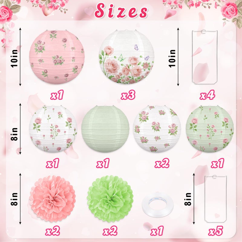 Renbuzhu 13PCS Spring Wildflower Bridal Shower Party Decorations Rose Paper Lanterns Pom Poms Valentines Day Garden Home Indoor Outdoor Decor - Image 3
