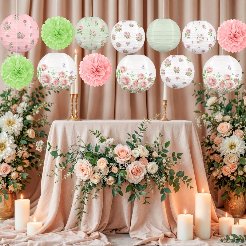 Renbuzhu 13PCS Spring Wildflower Bridal Shower Party Decorations Rose Paper Lanterns Pom Poms Valentines Day Garden Home Indoor Outdoor Decor - Image 2