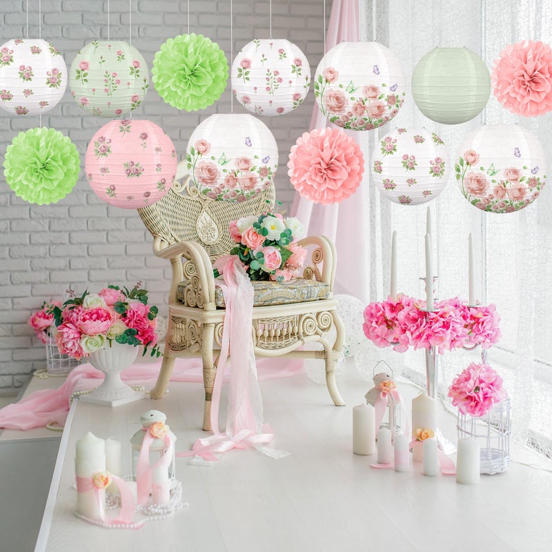Renbuzhu 13PCS Spring Wildflower Bridal Shower Party Decorations Rose Paper Lanterns Pom Poms Valentines Day Garden Home Indoor Outdoor Decor - Image 5