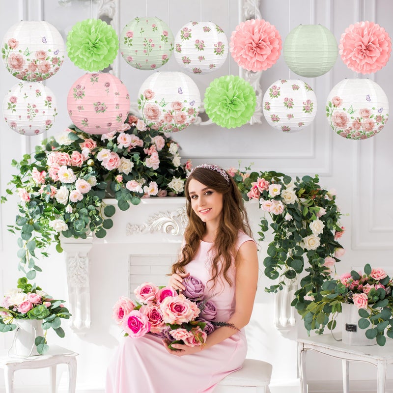 Renbuzhu 13PCS Spring Wildflower Bridal Shower Party Decorations Rose Paper Lanterns Pom Poms Valentines Day Garden Home Indoor Outdoor Decor - Image 4