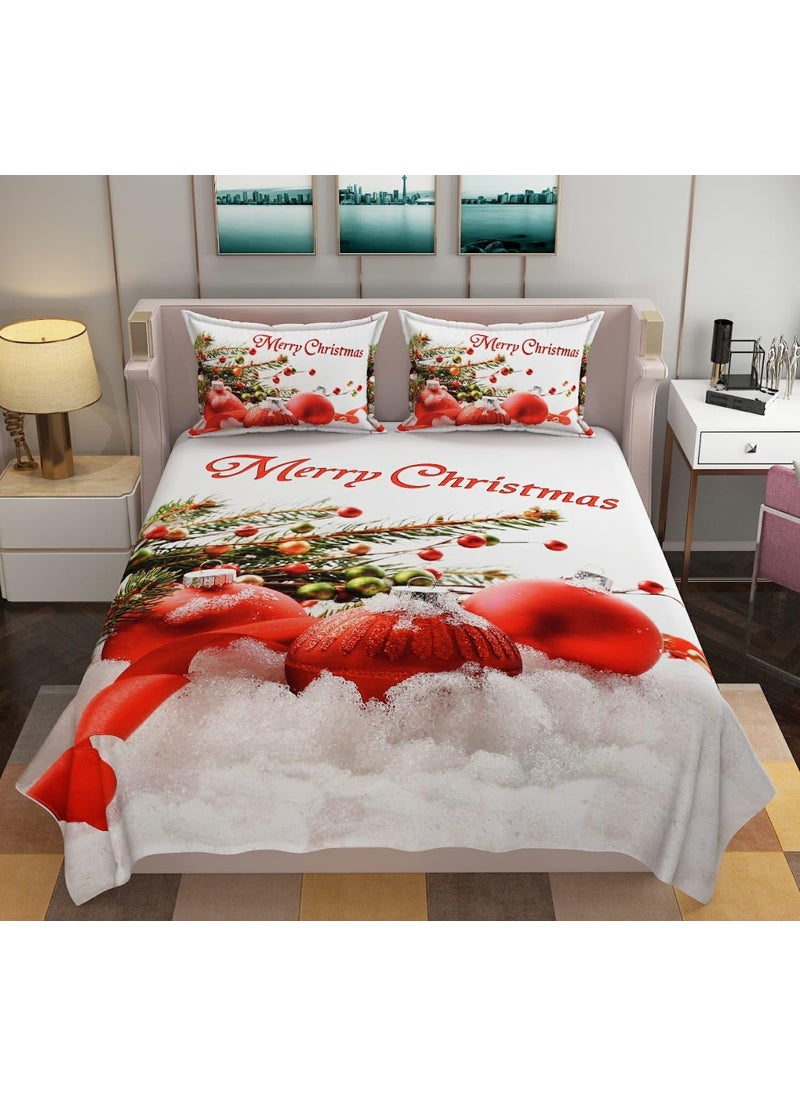 KitchDeco Kitch Deco Glace Cotton 250TC Digital Printed ChristmasNew YearKids Flat Double Bed Sheet with 2 Pillow Cover Red Lights  - Image 1