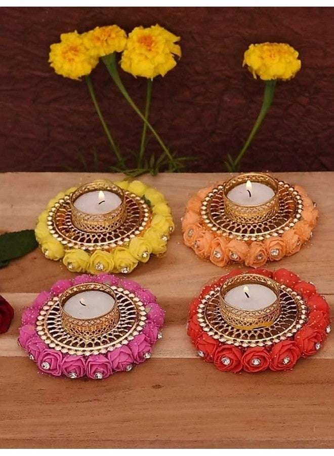 إليجانس مجموعة مكونة من 4 قطع متنوعة من حامل شموع ضوء الشاي بتصميم معدني على شكل زهرة من أجل المنزل والمكتب وديكور أعياد الميلاد ومواد بوجا وهدايا الديكور Tealight