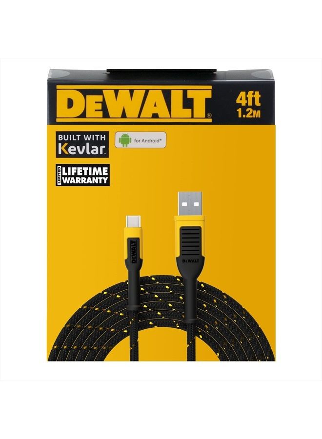 DEWALT كابل من نوع C إلى USB — كابل مضفر معزز لشحن سريع من USB إلى USB-C — كابل USB-C لشحن سريع من USB-C إلى USB-A — كابل شحن سريع من نوع C — 4 قدم - Image 1