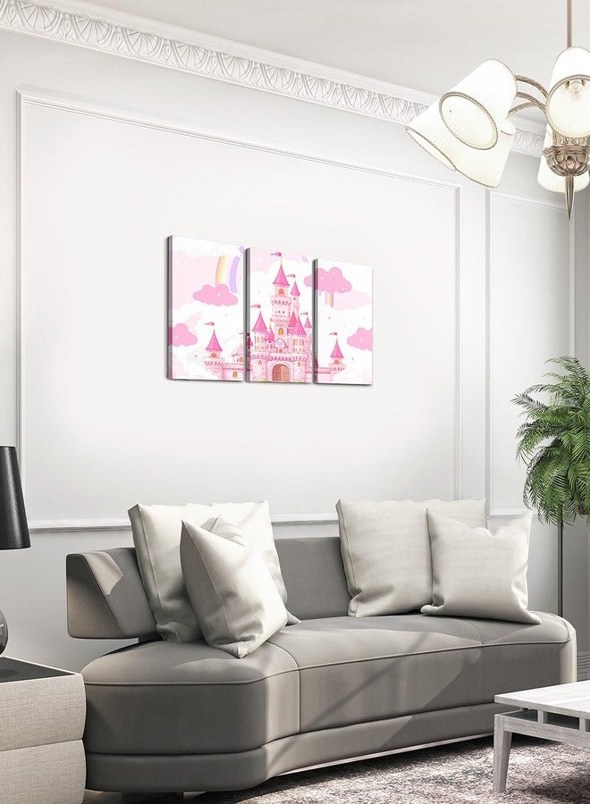 Feelyou Pink Castle Picture Wall Decor Rainbow Castle Canvas Wall Art for Living Room Bedroom Girls Princess Bathroom Wall Art for Home Decor Fairy Tales Wall Painting Girls 12" x 16" 3 Piece - Image 3
