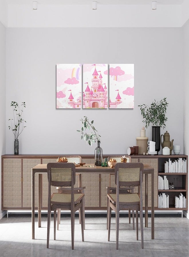 Feelyou Pink Castle Picture Wall Decor Rainbow Castle Canvas Wall Art for Living Room Bedroom Girls Princess Bathroom Wall Art for Home Decor Fairy Tales Wall Painting Girls 12" x 16" 3 Piece - Image 2