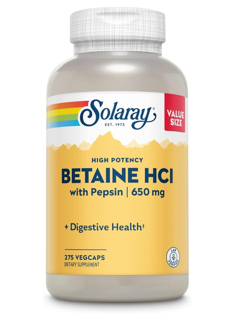 SOLARAY Solaray High Potency Betaine HCL with Pepsin - Hydrochloric Acid Supplement for Digestive Health - with Betaine Hydrochloride and Digestive Enzymes - Gut Health Support - 60-Day Guarantee, 275 VegCaps  - Image 1