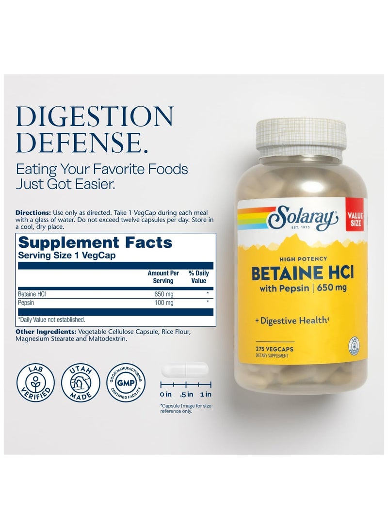 SOLARAY Solaray High Potency Betaine HCL with Pepsin - Hydrochloric Acid Supplement for Digestive Health - with Betaine Hydrochloride and Digestive Enzymes - Gut Health Support - 60-Day Guarantee, 275 VegCaps  - Image 2