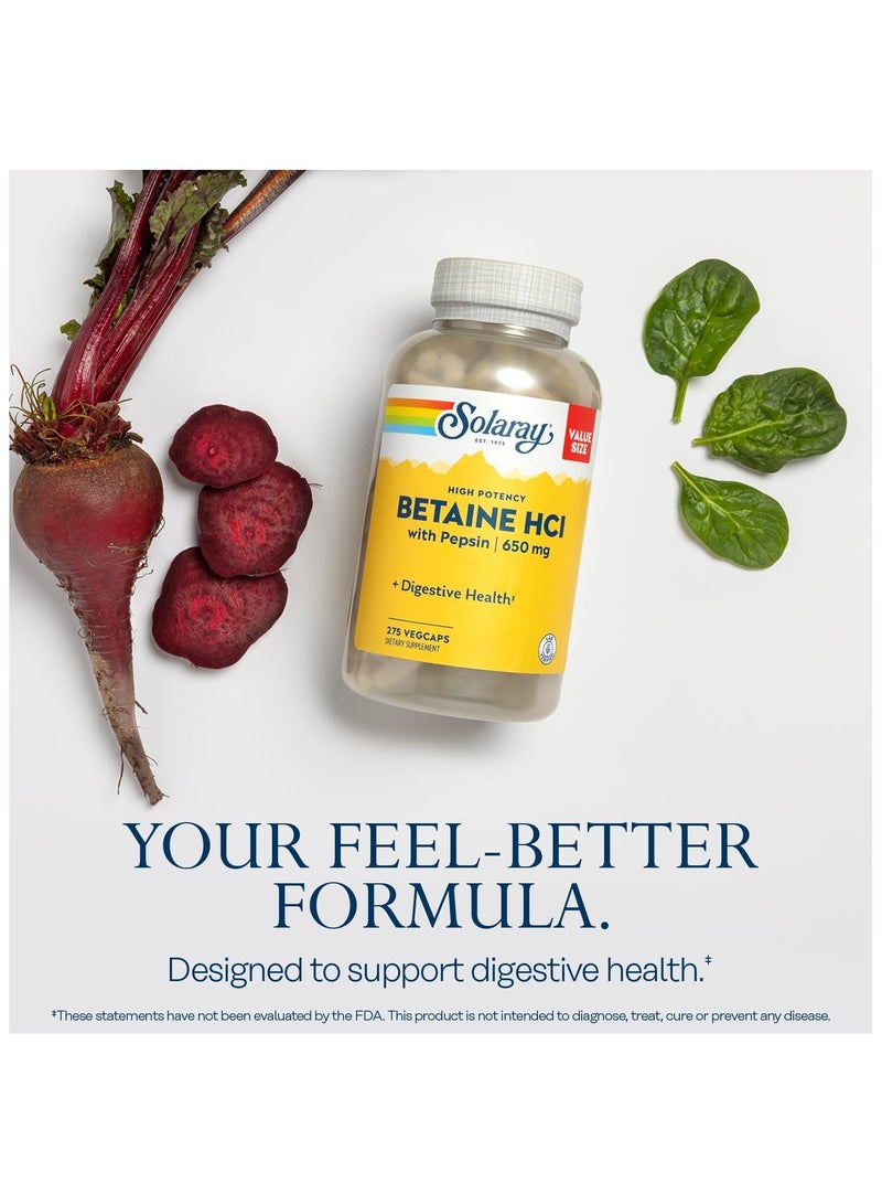SOLARAY Solaray High Potency Betaine HCL with Pepsin - Hydrochloric Acid Supplement for Digestive Health - with Betaine Hydrochloride and Digestive Enzymes - Gut Health Support - 60-Day Guarantee, 275 VegCaps  - Image 3