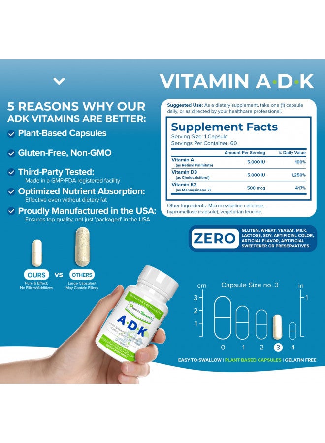 Power By Naturals ADK Vitamin Supplement: Vitamin A, Vitamin D3 5000 iu, and Vitamin K2 MK-7, Support Bone Health Vitamin ADK Supplement, Pure Vitamin D3 K2 MK7 & A, 60 Capsules (2 Month Supply)
