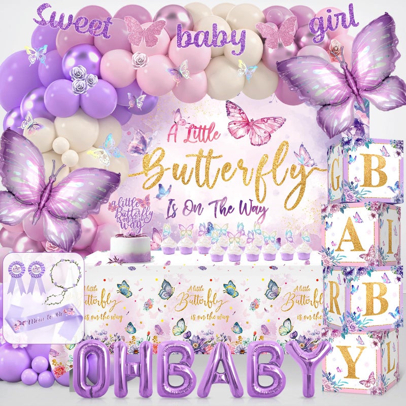 Fantspati Butterfly Baby Shower Decorations Baby Girl Shower Decorations A Little Butterfly Is On The Way Backdrop Sash Tablecloth Cake Toppers Stickers Pink Purple Balloons Baby Boxes Baby Shower Girl Decor - Image 3