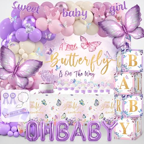 Fantspati Butterfly Baby Shower Decorations Baby Girl Shower Decorations A Little Butterfly Is On The Way Backdrop Sash Tablecloth Cake Toppers Stickers Pink Purple Balloons Baby Boxes Baby Shower Girl Decor - Image 1