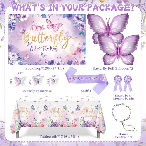 Fantspati Butterfly Baby Shower Decorations Baby Girl Shower Decorations A Little Butterfly Is On The Way Backdrop Sash Tablecloth Cake Toppers Stickers Pink Purple Balloons Baby Boxes Baby Shower Girl Decor - Image 5