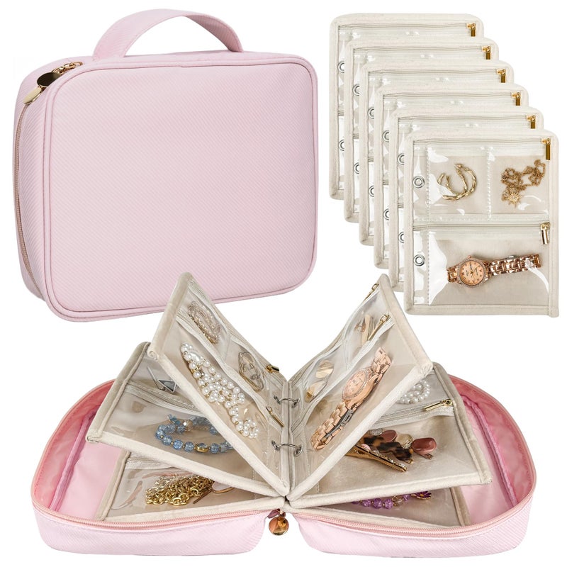 LingLingo Travel Jewelry Organizer Case,Small Jewelry Bags Jewelry Storage Book Binder with Clear Zipper Velvet Pouch for Traveling,Earrings, Rings, Necklace, Bracelet (Pink) - Image 1