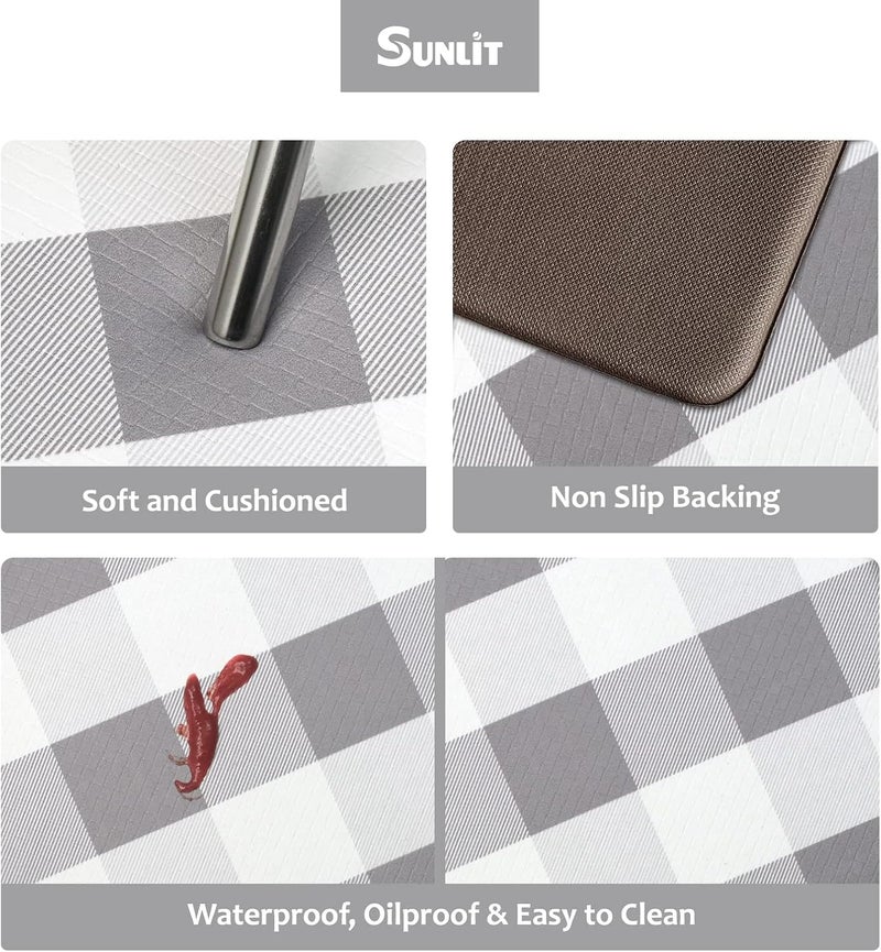 Sunlit Set of 2 Anti Fatigue Kitchen Floor Mat, Non Slip Waterproof Comfort Standing Mat, 0.4 Inch Thick Cushioned Farmhouse Kitchen Rug Runner, Gray and White Buffalo Plaid(Size:17"x28"&17"x47") - Image 4