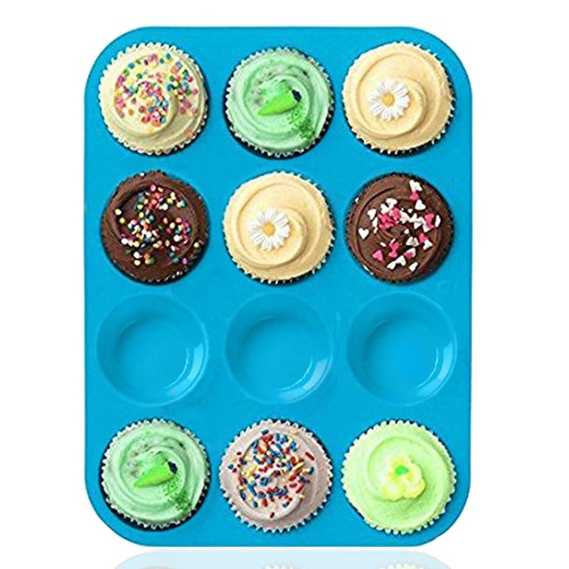 Amison Silicone Muffin Tray Cupcake Baking Pan 12 Cup Non Stick Silicone Mold Dishwasher Microwave Safe Blue