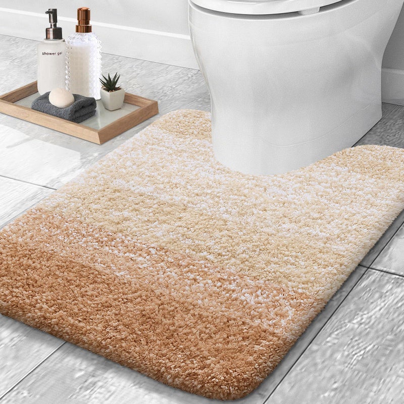 OLANLY Toilet Rugs U-Shaped 24x20  Extra Soft and Absorbent Microfiber Bathroom Rugs  Non-Slip Plush Shaggy Toilet Bath Mat  Machine Wash Dry  Contour Bath Rugs for Toilet Base  Beige - Image 1