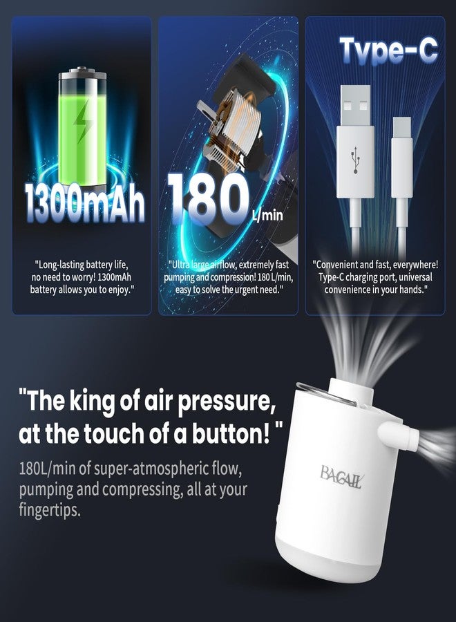 BAGAIL Multifunctional Portable Vacuum Pump with Light Function,1300mAH Rechargeable Battery，6 Air Nozzles for Vacuum Compression Bags Sleeping Pads, Pool Floats, Swimming Rings.with 6 nozzles - Image 4