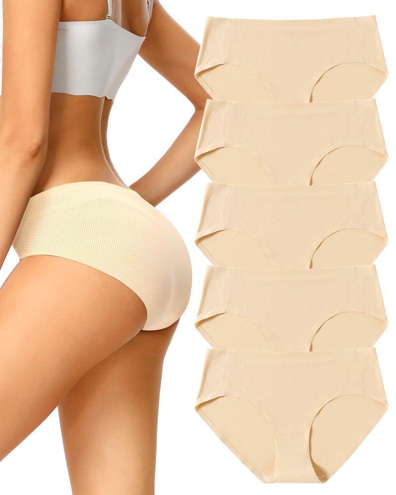 voenxe Seamless Underwear for Women, Nude Hipster No Show Ladies Panties, Full Coverage Breathable Bikini Briefs, Invisible Comfortable Undies for Workout, Soft Mesh Moisture Wicking Athletic, 5 Pack - Image 1