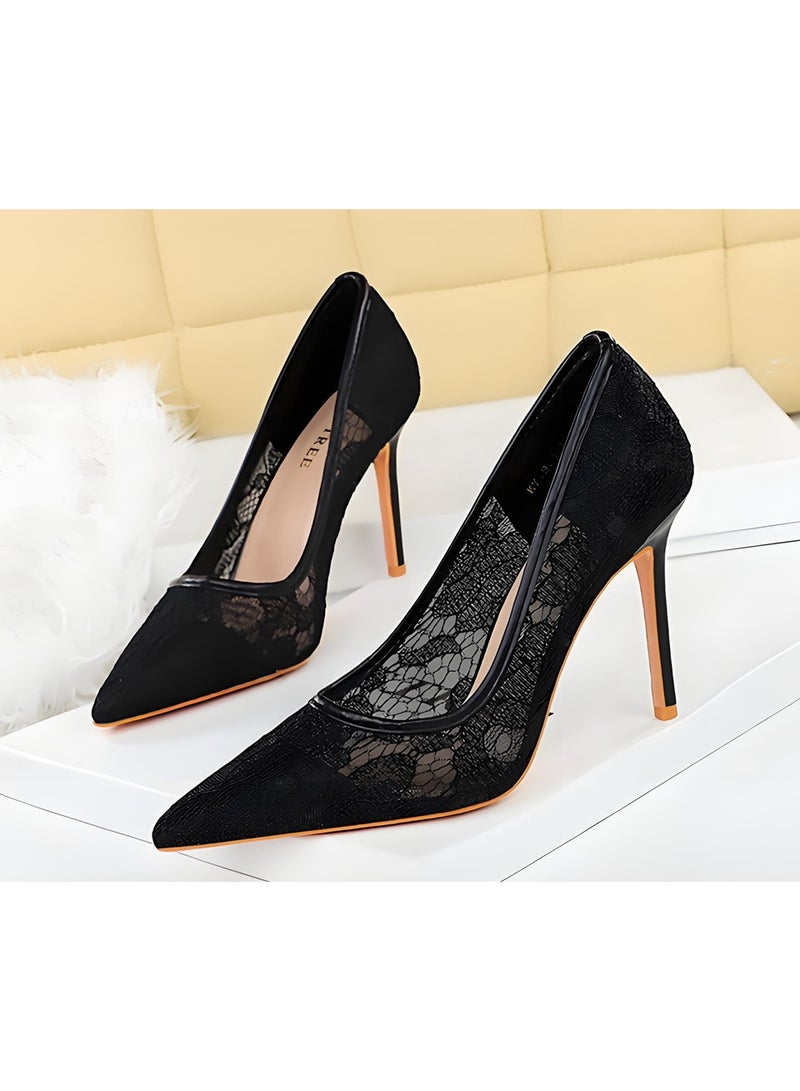 BIGTREE Women's Lace Stiletto Pumps Closed Pointed Toe High Heels Party Dress Shoes Black 9CM - Image 1