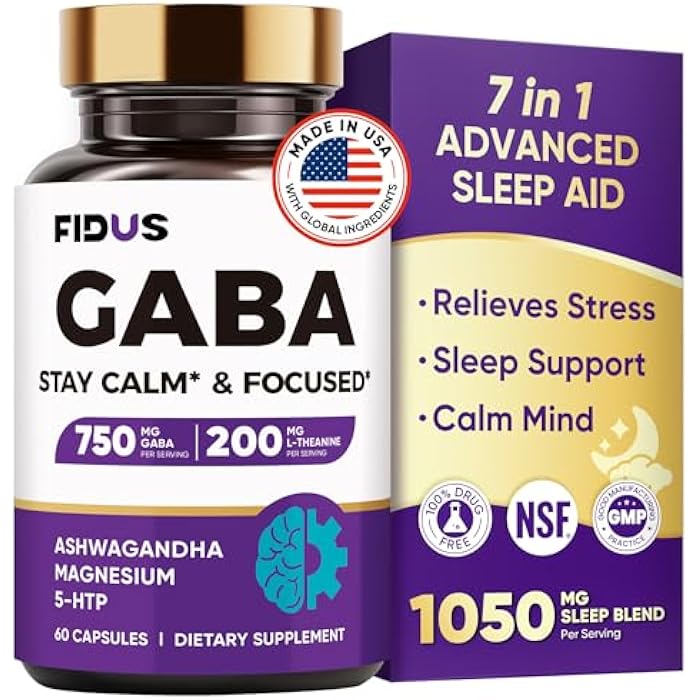 Fidus GABA L-Theanine Ashwagandha - 1050mg Blend - Made in USA - Advanced Sleep Aid & Calm- Magnesium, 5-HTP, Vitamin B6 & B12, GABA (Gamma Aminobutyric Acid) Supplement - Melatonin-Free & Non-Habit Forming - Image 1