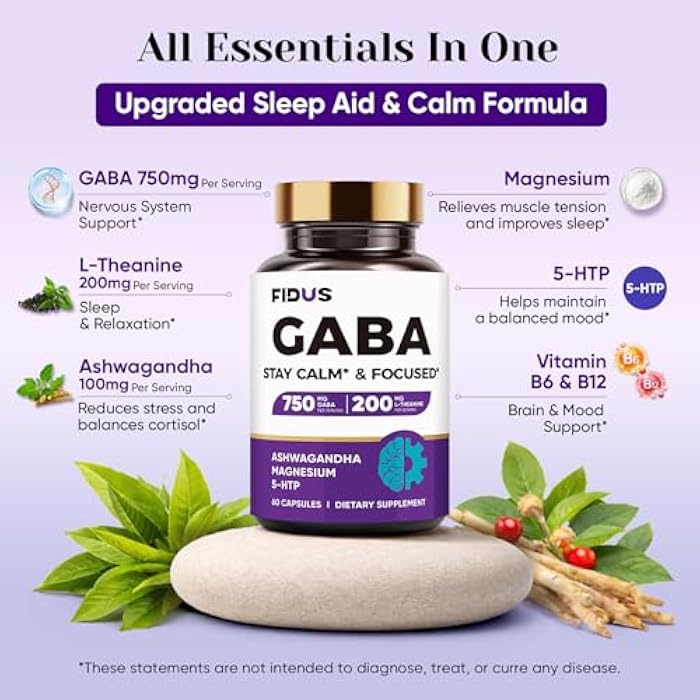 Fidus GABA L-Theanine Ashwagandha - 1050mg Blend - Made in USA - Advanced Sleep Aid & Calm- Magnesium, 5-HTP, Vitamin B6 & B12, GABA (Gamma Aminobutyric Acid) Supplement - Melatonin-Free & Non-Habit Forming - Image 3