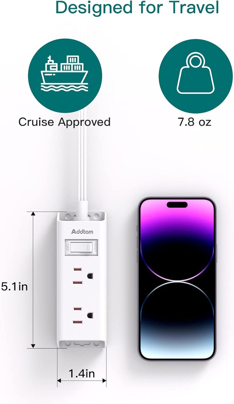 Addtam Cruise Essentials - Flat Plug Power Strip, 5 ft Ultra Flat Extension Cord with 6 Outlets Extender, No Surge Protector for Cruise Ship, Travel, Dorm, Home Office, ETL Listed - Image 4