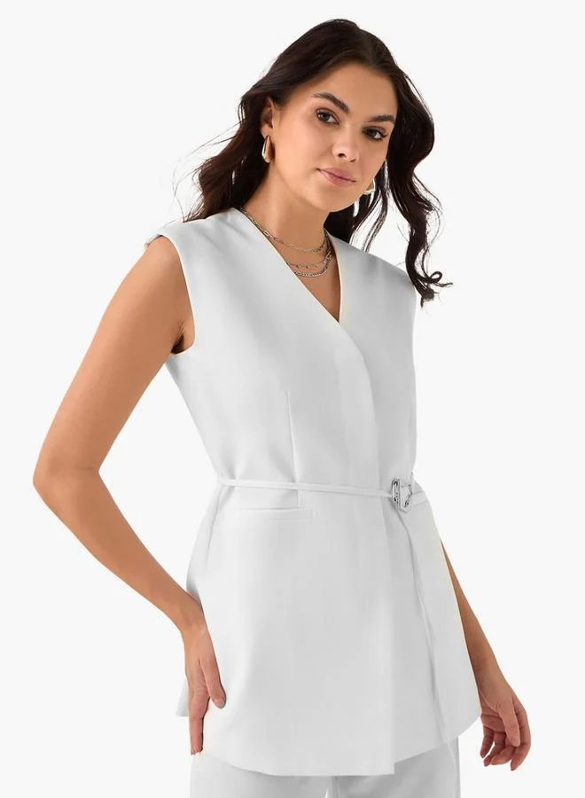 Sleeveless Jacket with Belt Detail