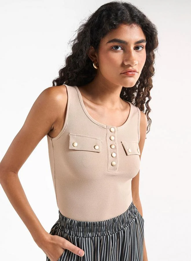 Splash FAV Ribbed Tank Top with Round Neck and Flap Detail