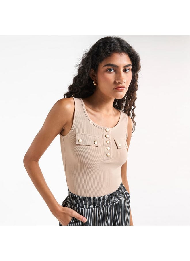 FAV Ribbed Tank Top with Round Neck and Flap Detail  - Image 1