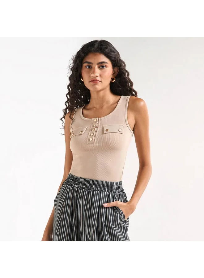 Splash FAV Ribbed Tank Top with Round Neck and Flap Detail