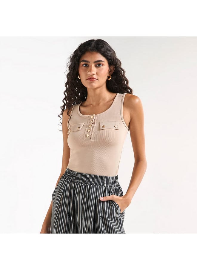 FAV Ribbed Tank Top with Round Neck and Flap Detail  - Image 4