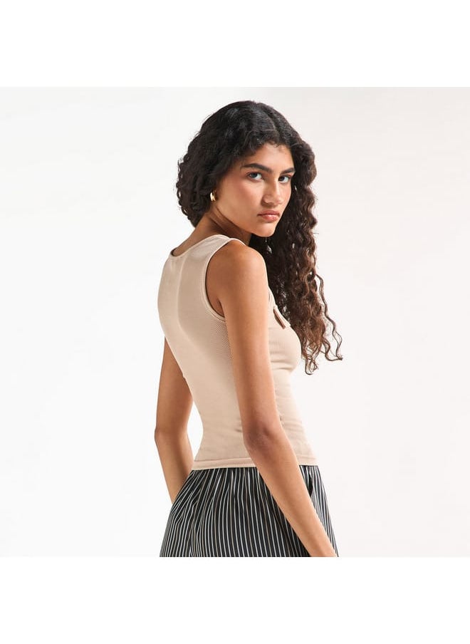 FAV Ribbed Tank Top with Round Neck and Flap Detail  - Image 3