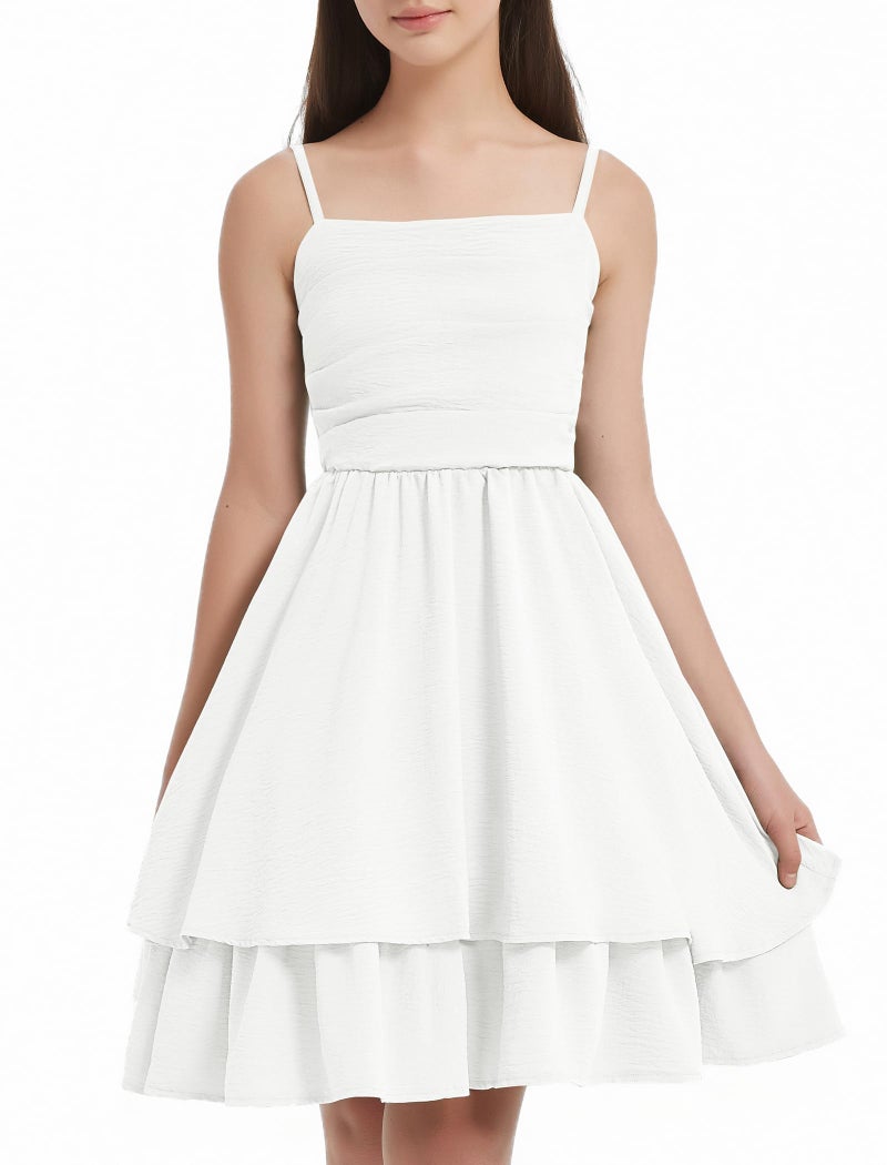 EXARUS Girls Dress White Teen Easter Church Formal Back to School Homecoming Dance Casual Tween Swing Ruched Flowy Ruffle Summer Spaghetti Strap Adjustable Outfits Dresses Cami for 12 Years - Image 2