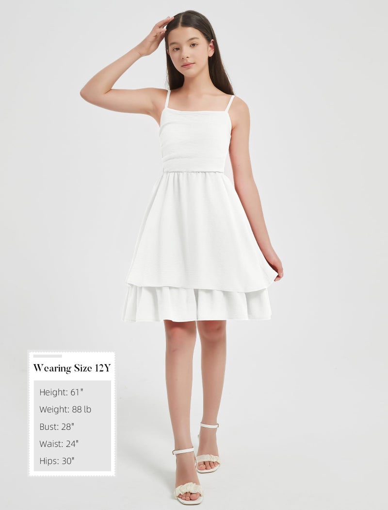 EXARUS Girls Dress White Teen Easter Church Formal Back to School Homecoming Dance Casual Tween Swing Ruched Flowy Ruffle Summer Spaghetti Strap Adjustable Outfits Dresses Cami for 12 Years - Image 5