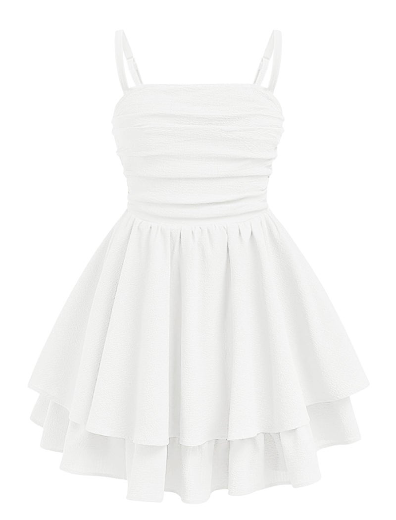 EXARUS Girls Dress White Teen Easter Church Formal Back to School Homecoming Dance Casual Tween Swing Ruched Flowy Ruffle Summer Spaghetti Strap Adjustable Outfits Dresses Cami for 12 Years - Image 1